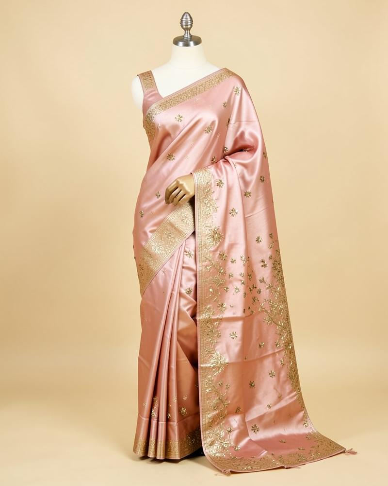 Rose Gold Embroidered Silk Saree