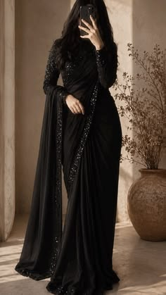 Black Sequin Pre-Draped Saree